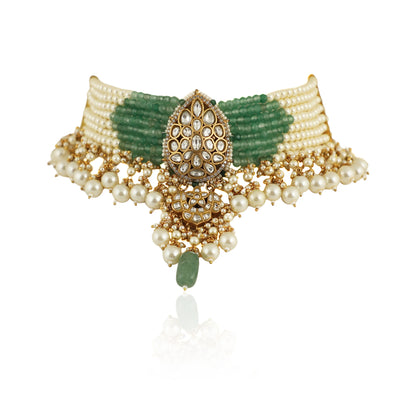 A 22Kt Gold Plated Choker With Its Unique Shape In Sea Green And Pearls