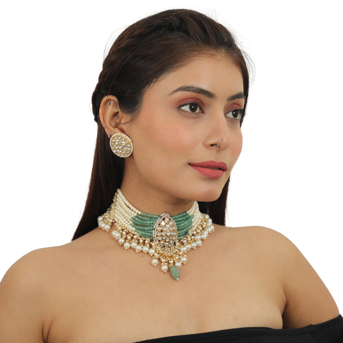 A 22Kt Gold Plated Choker With Its Unique Shape In Sea Green And Pearls