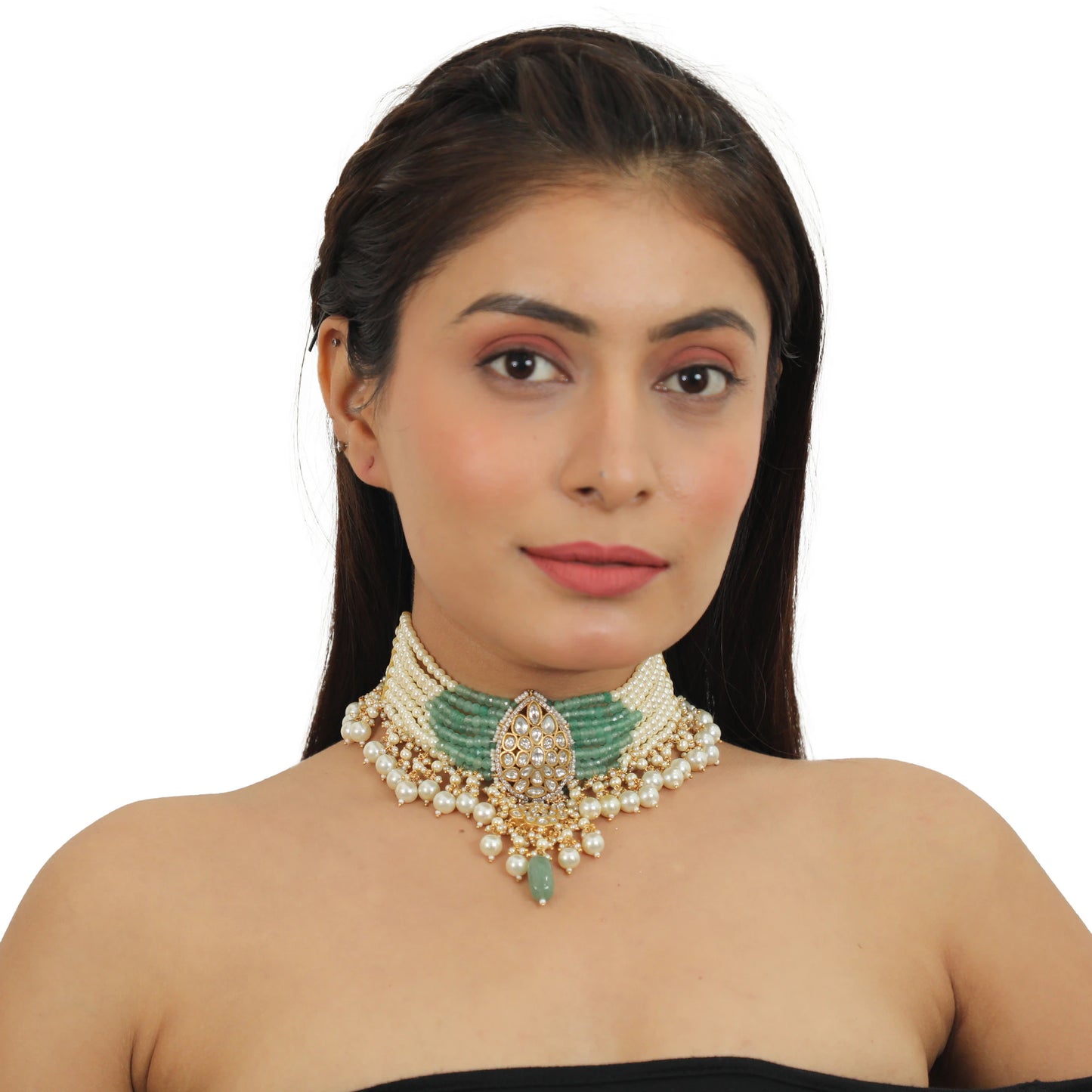 A 22Kt Gold Plated Choker With Its Unique Shape In Sea Green And Pearls