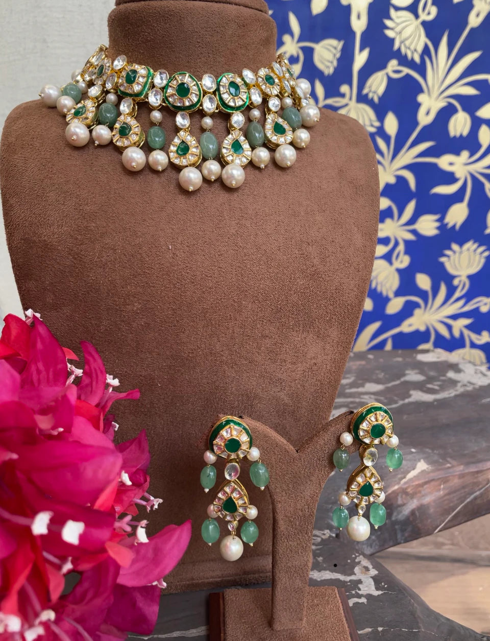 Green Meenakari Necklace Set With White Pearl