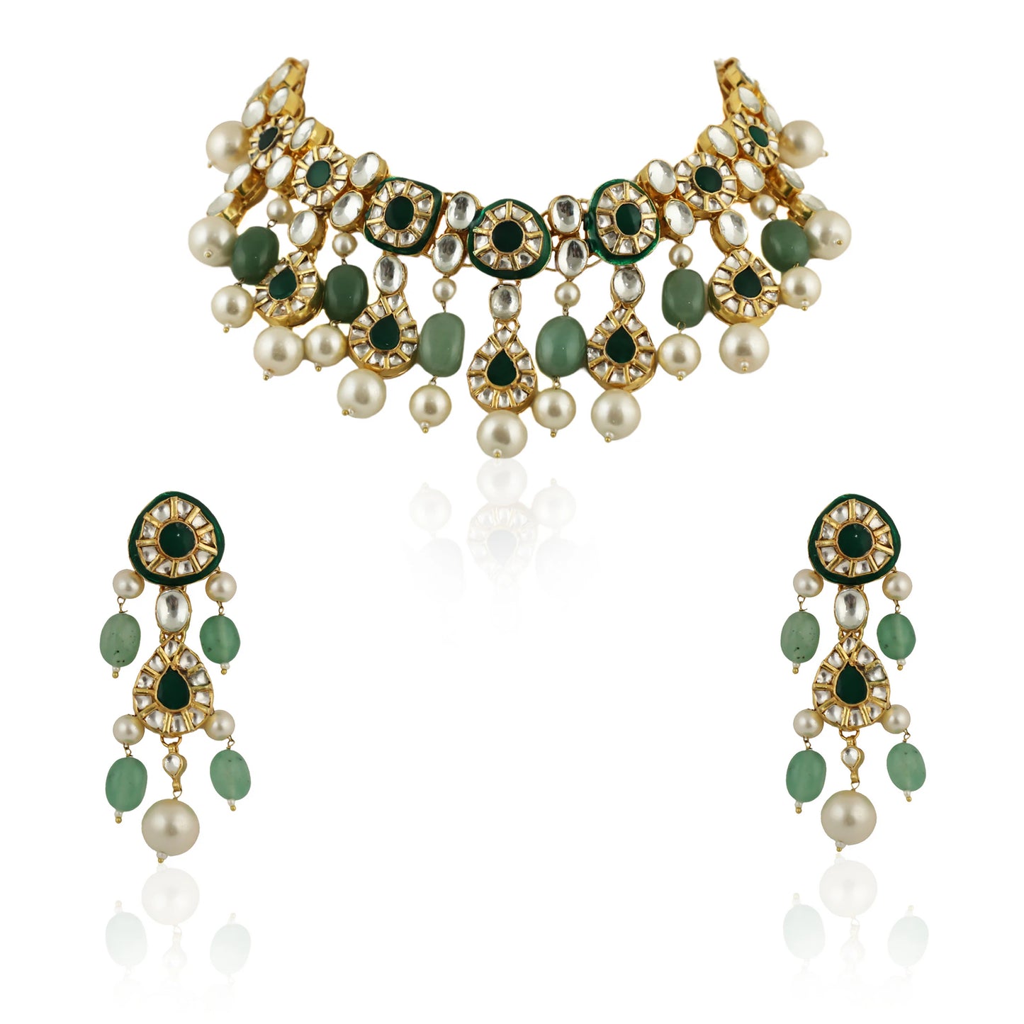 Green Meenakari Necklace Set With White Pearl