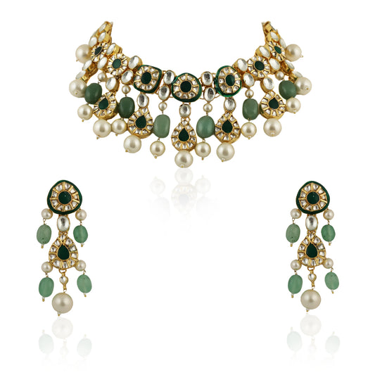 Green Meenakari Necklace Set With White Pearl