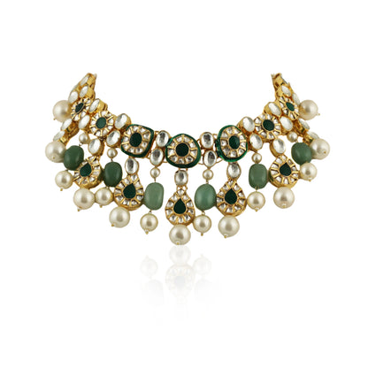 Green Meenakari Necklace Set With White Pearl