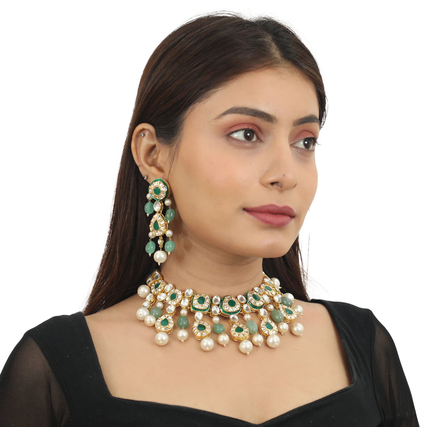 Green Meenakari Necklace Set With White Pearl