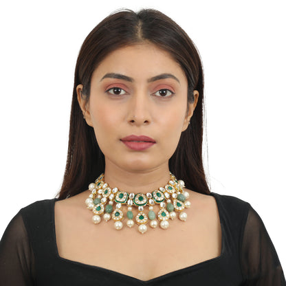 Green Meenakari Necklace Set With White Pearl