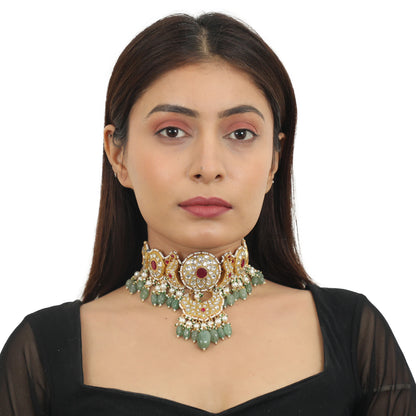 Pink And White Stone Necklace Set With Sea Green Beads