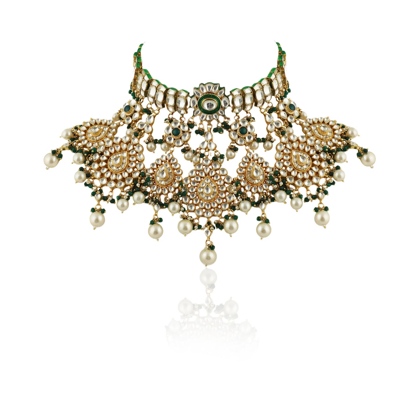 Traditional 22Kt Gold Plated Necklace Set With Pearls And Emerald Beads