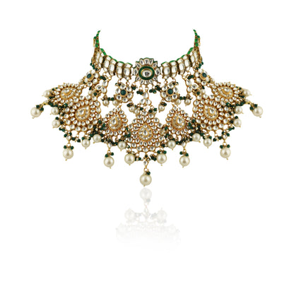Traditional 22Kt Gold Plated Necklace Set With Pearls And Emerald Beads