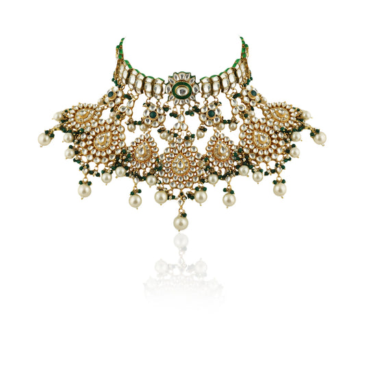 Traditional 22Kt Gold Plated Necklace Set With Pearls And Emerald Beads