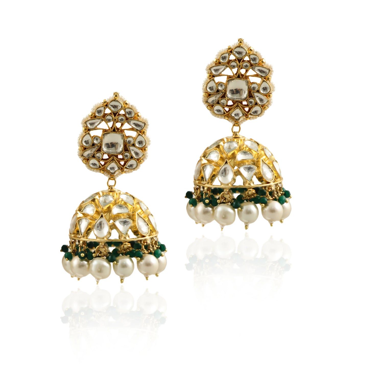 Traditional 22Kt Gold Plated Necklace Set With Pearls And Emerald Beads