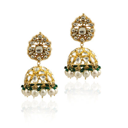Traditional 22Kt Gold Plated Necklace Set With Pearls And Emerald Beads