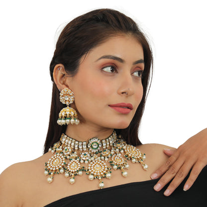 Traditional 22Kt Gold Plated Necklace Set With Pearls And Emerald Beads
