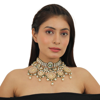 Traditional 22Kt Gold Plated Necklace Set With Pearls And Emerald Beads