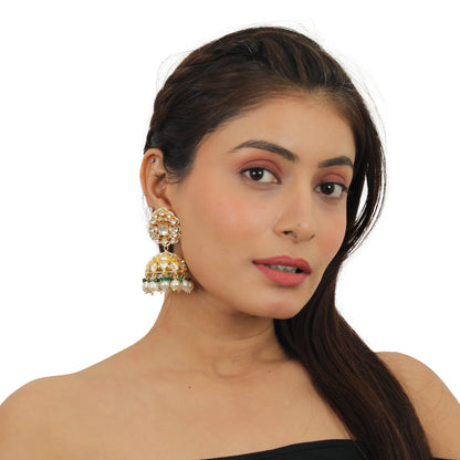 Traditional 22Kt Gold Plated Necklace Set With Pearls And Emerald Beads