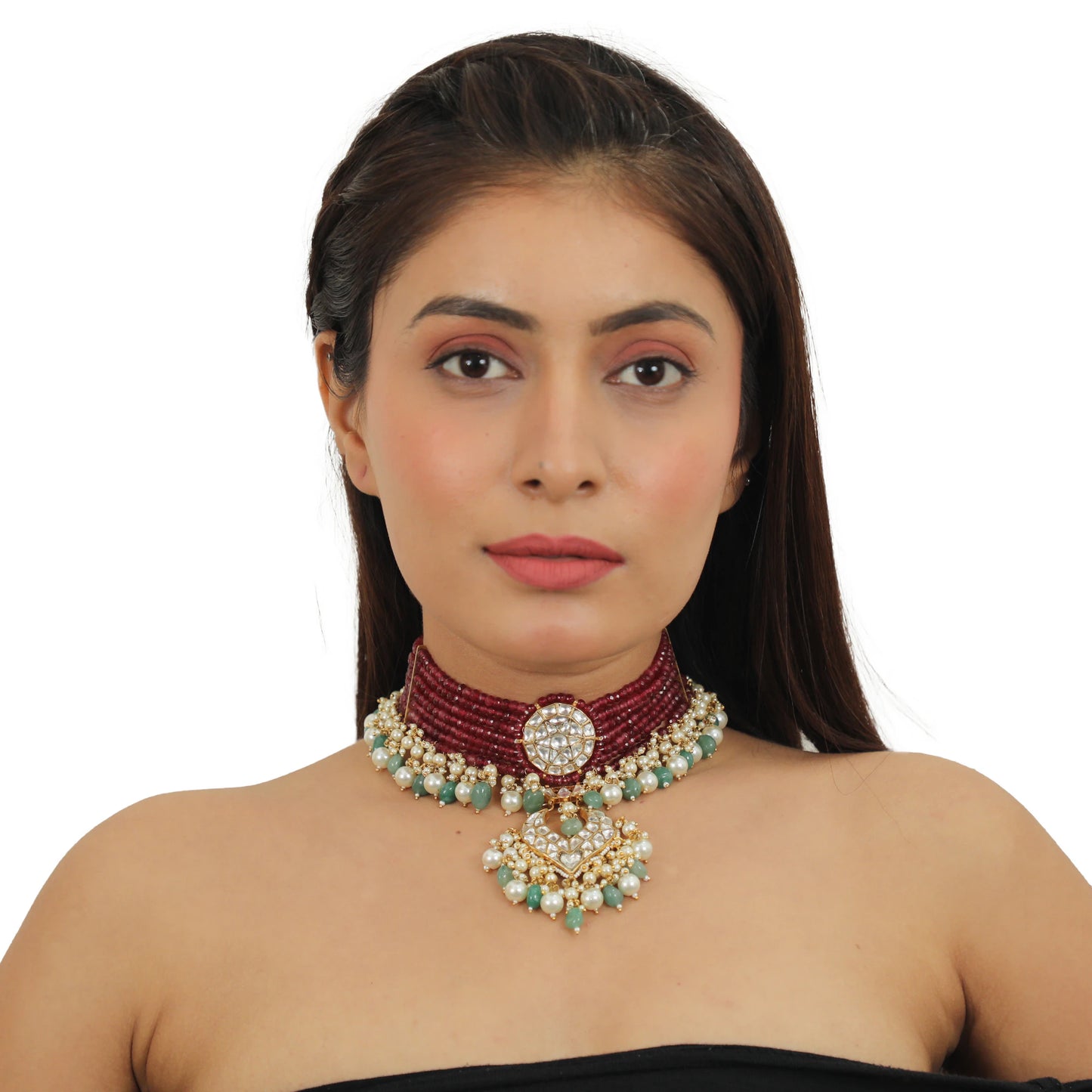 A 22Kt Gold Plated Choker Necklace Set Beaded In Maroon