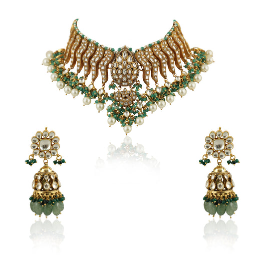Festive Wear Necklace Set In 22Kt Gold Plating, Carved Uniquely With Sea Green Beads And Pearls