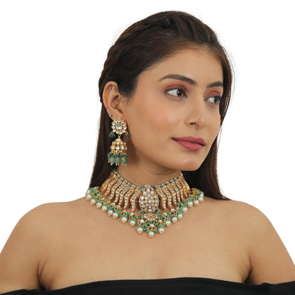 Festive Wear Necklace Set In 22Kt Gold Plating, Carved Uniquely With Sea Green Beads And Pearls
