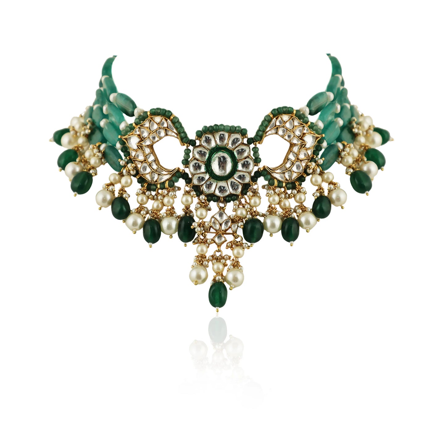 Sea Green And White  With Green Beads Choker Set