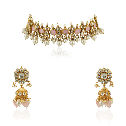 Light Pink Choker Set With White Pearl