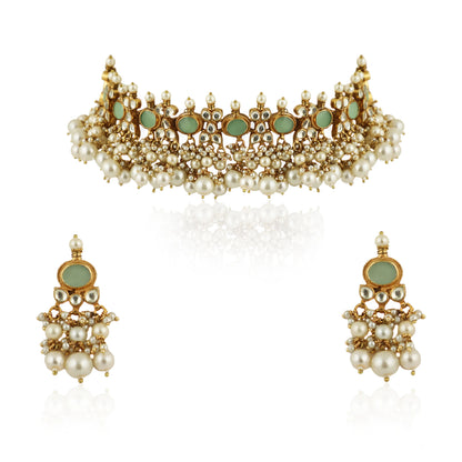 Light Green Choker Set With White Pearl