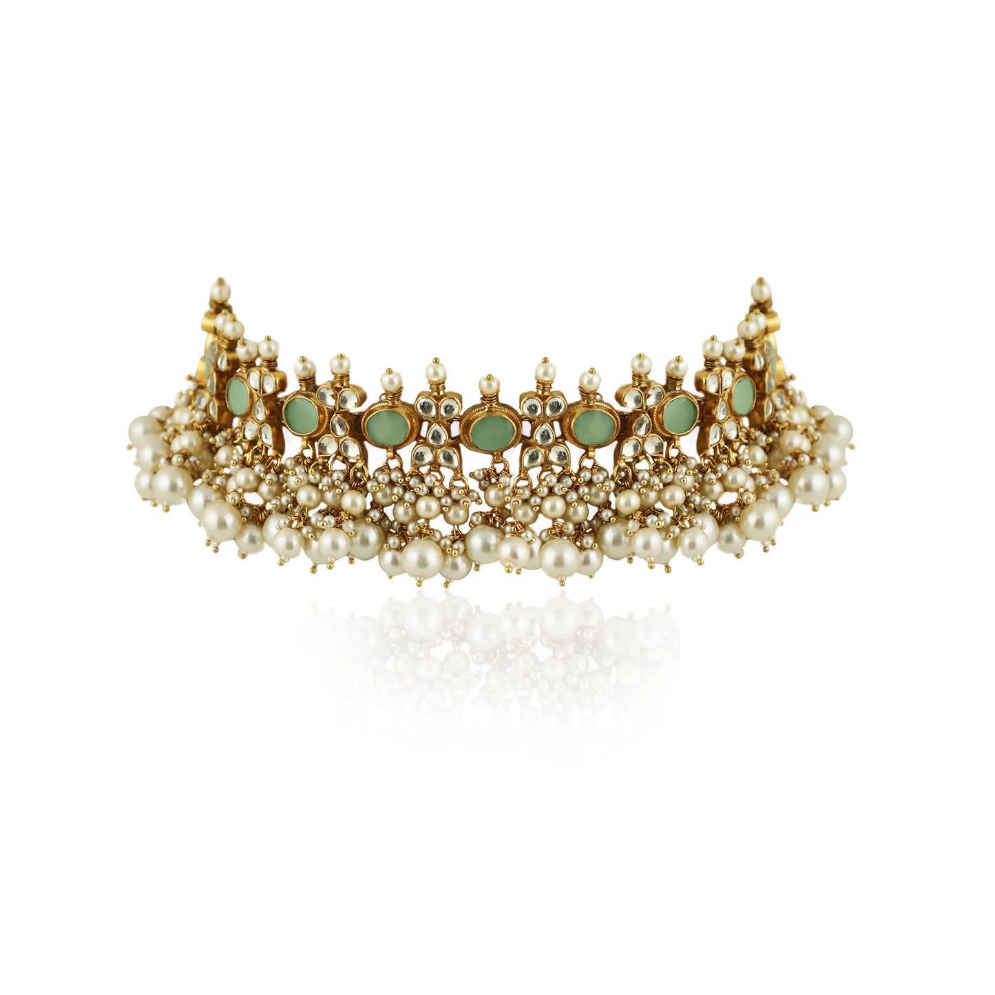 Light Green Choker Set With White Pearl
