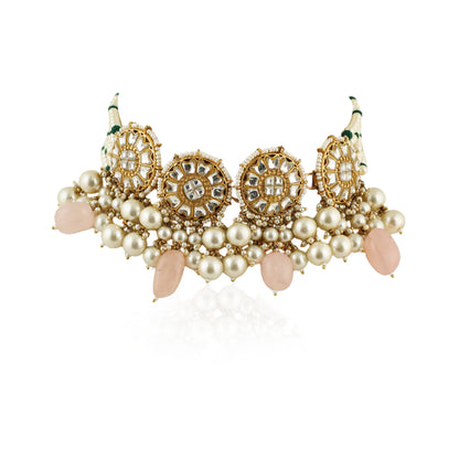 Necklace In 22Kt Gold Plating Studded With White Jadtar Stones And Beaded In Pastel Pink And White Beads