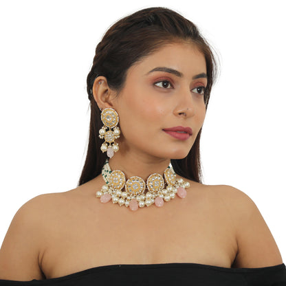 Necklace In 22Kt Gold Plating Studded With White Jadtar Stones And Beaded In Pastel Pink And White Beads