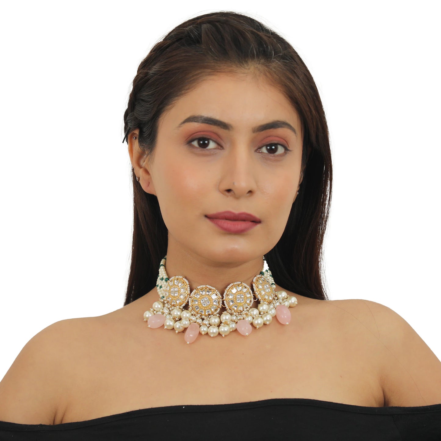 Necklace In 22Kt Gold Plating Studded With White Jadtar Stones And Beaded In Pastel Pink And White Beads