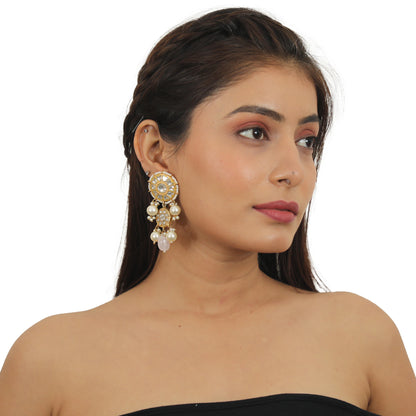 Necklace In 22Kt Gold Plating Studded With White Jadtar Stones And Beaded In Pastel Pink And White Beads