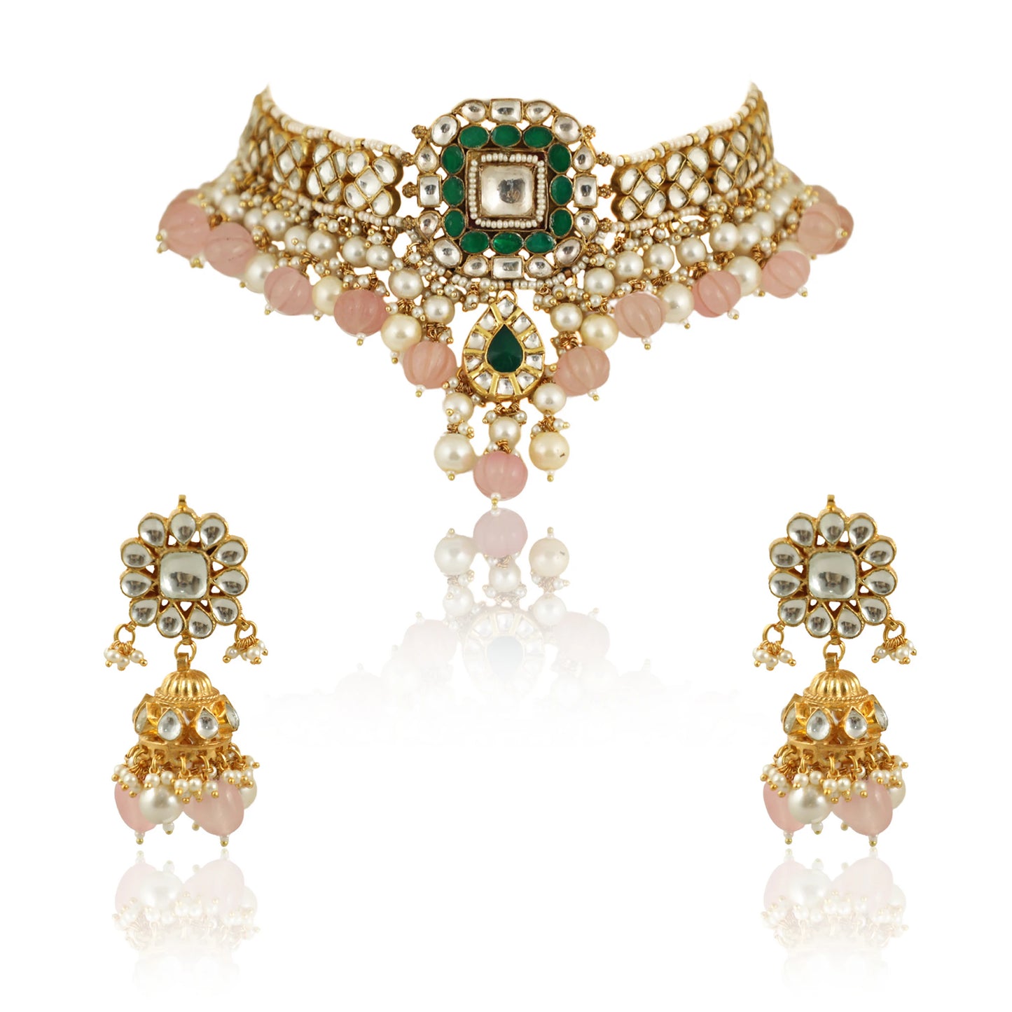 Green And White Choker Set With Light Pink Beads And Pearls