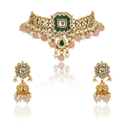 Green And White Choker Set With Light Pink Beads And Pearls