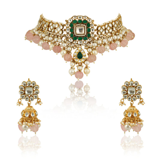 Green And White Choker Set With Light Pink Beads And Pearls