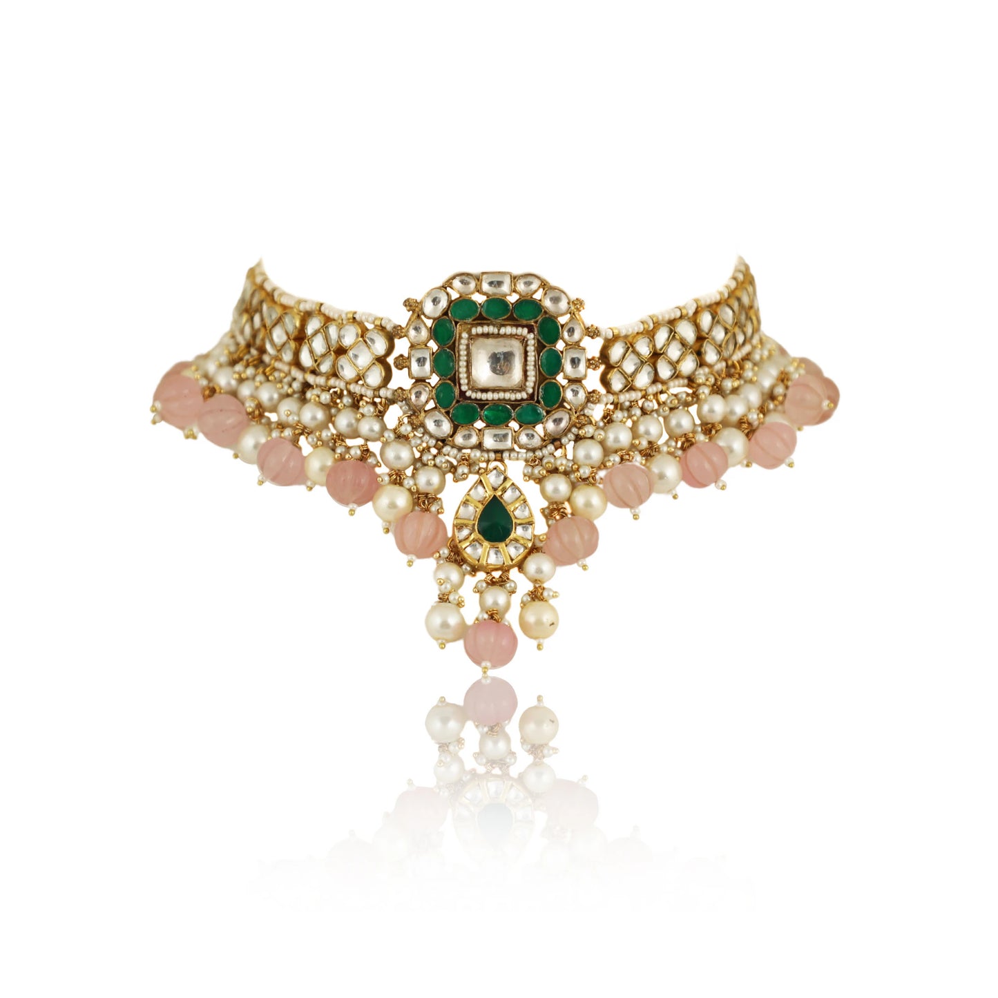 Green And White Choker Set With Light Pink Beads And Pearls