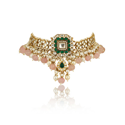 Green And White Choker Set With Light Pink Beads And Pearls