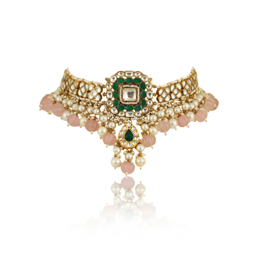 Green And White Choker Set With Light Pink Beads And Pearls