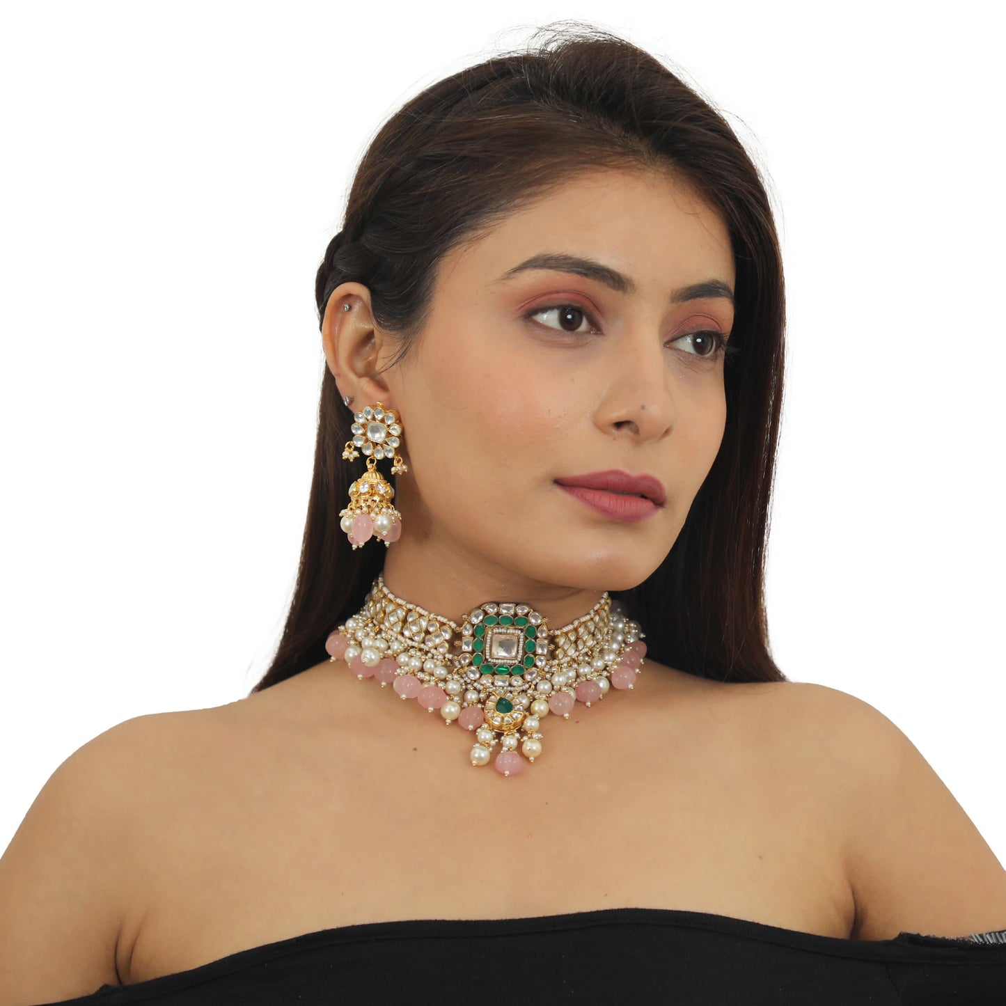 Green And White Choker Set With Light Pink Beads And Pearls