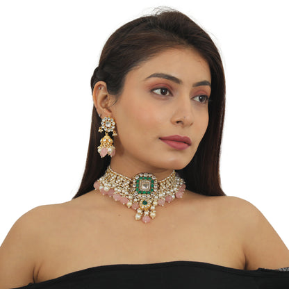 Green And White Choker Set With Light Pink Beads And Pearls
