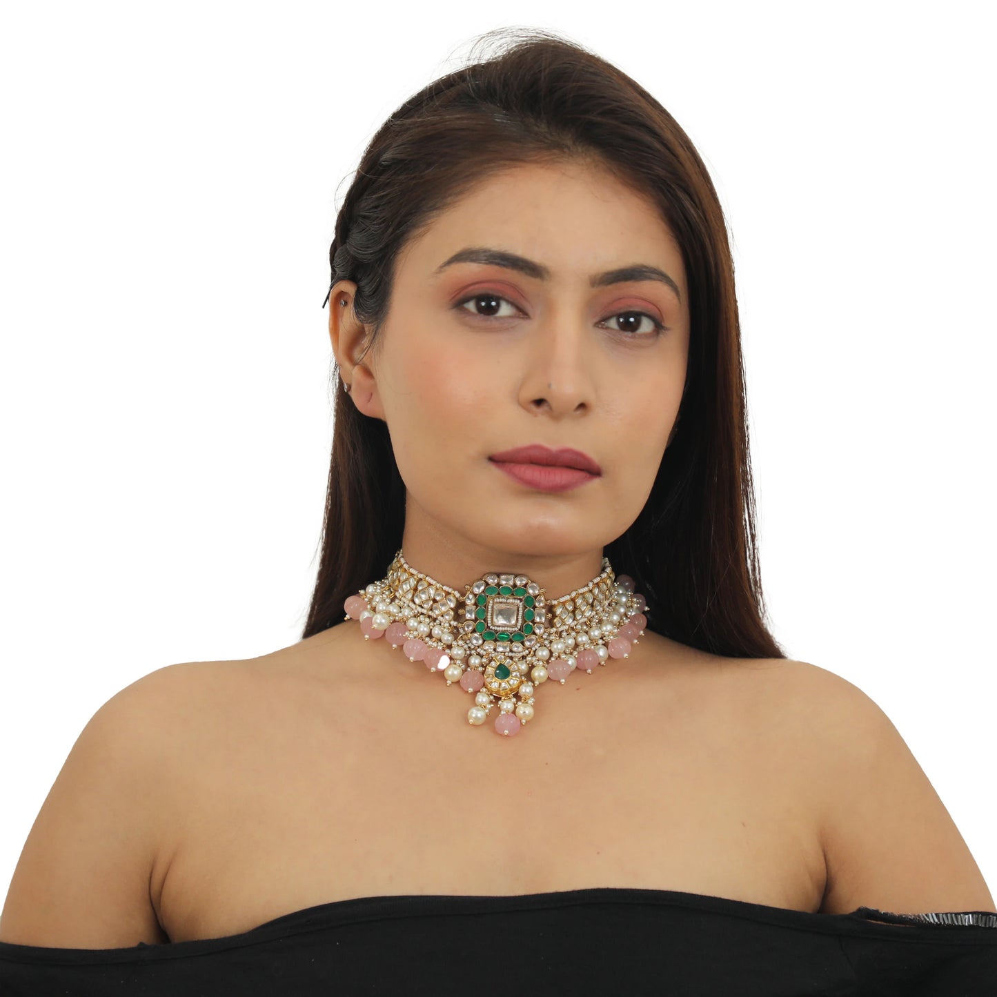 Green And White Choker Set With Light Pink Beads And Pearls