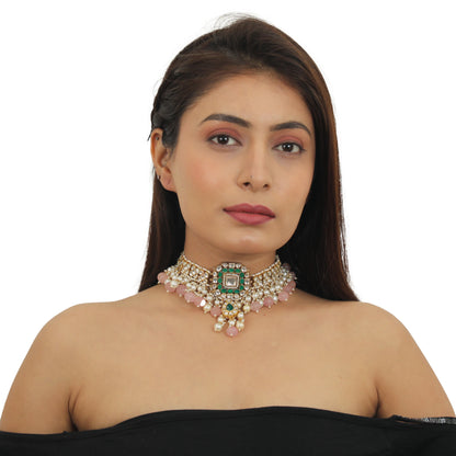Green And White Choker Set With Light Pink Beads And Pearls