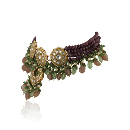 Purple Moti Work Sea Green Beads Choker Set