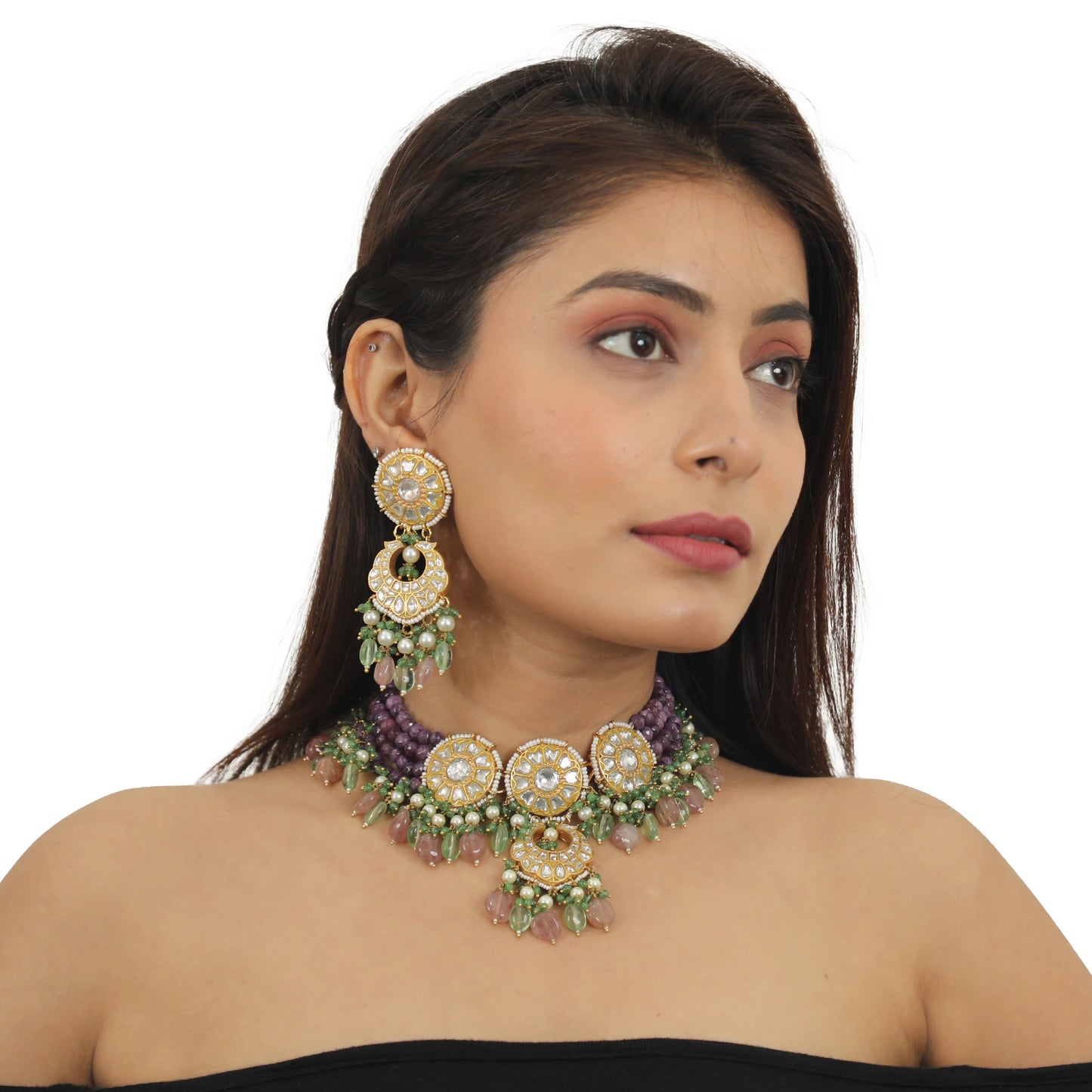 Purple Moti Work Sea Green Beads Choker Set