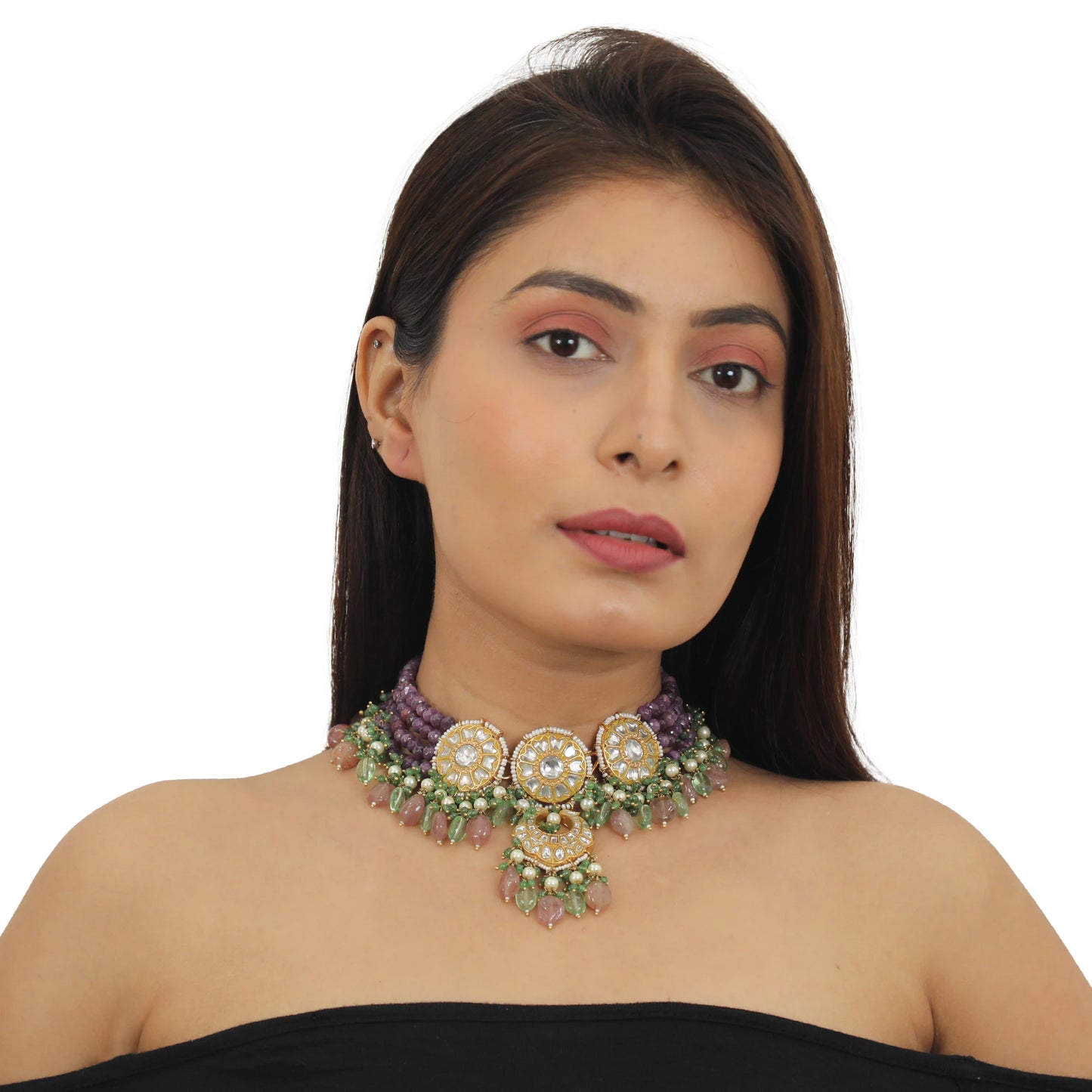 Purple Moti Work Sea Green Beads Choker Set