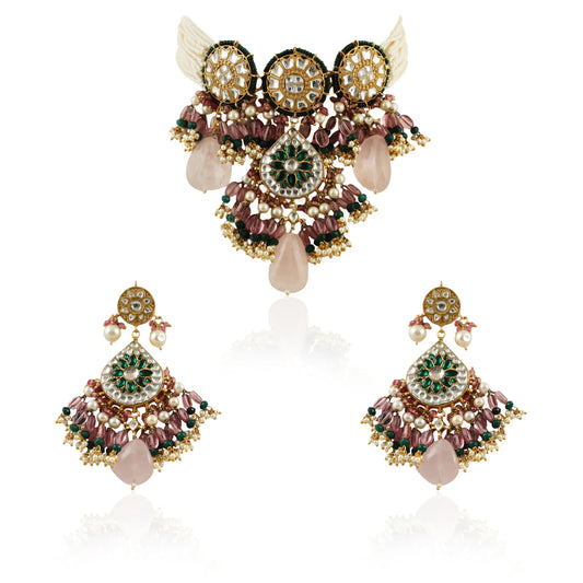 White And Green Stone Choker Set  With Green Moti Work Beadded Light Pink Beads