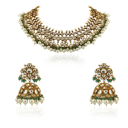 White Stone Neckalce With Jhumki  Sea Green Hangings And Pearl