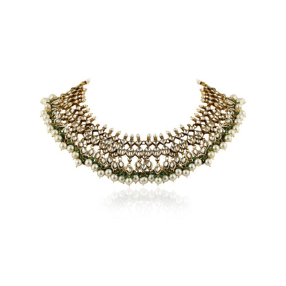 White Stone Neckalce With Jhumki  Sea Green Hangings And Pearl