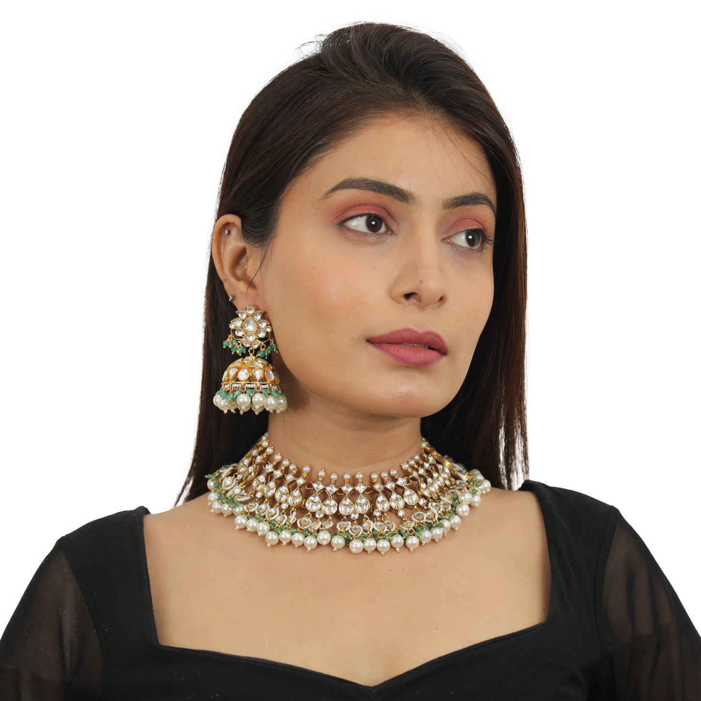 White Stone Neckalce With Jhumki  Sea Green Hangings And Pearl