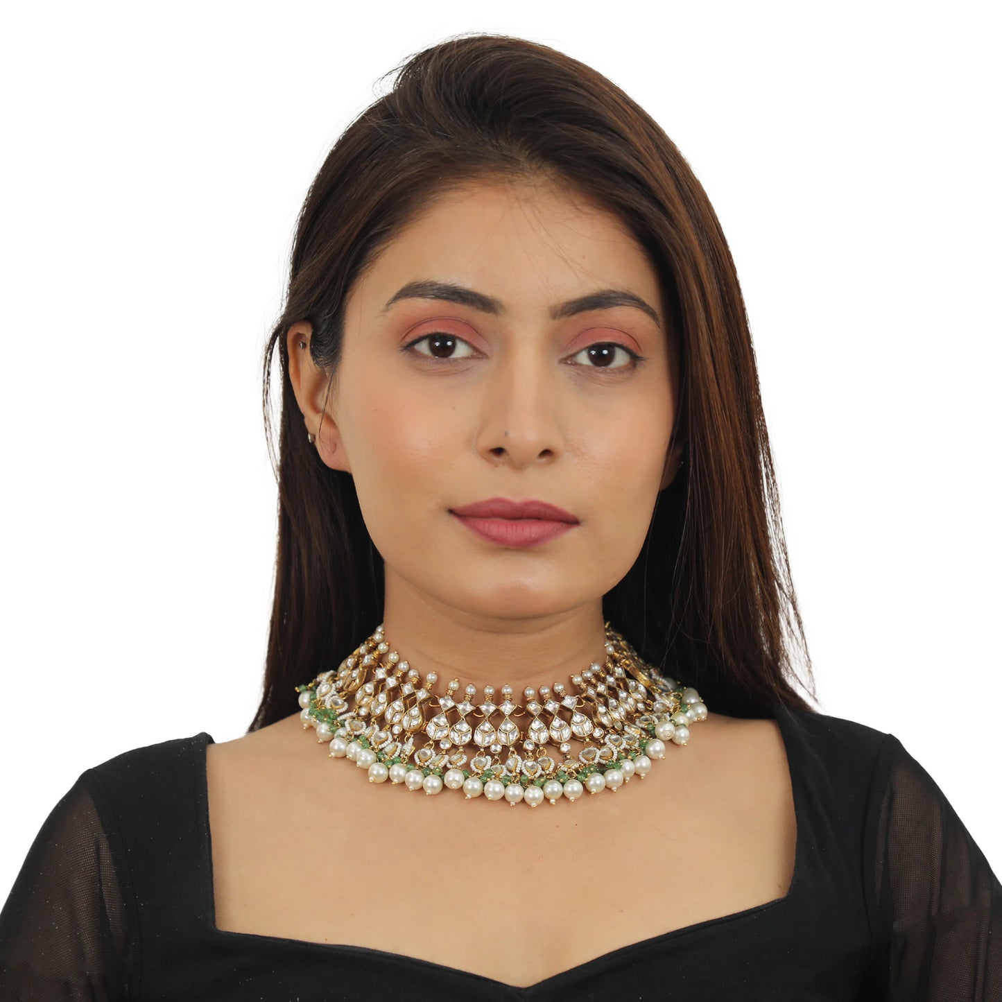 White Stone Neckalce With Jhumki  Sea Green Hangings And Pearl