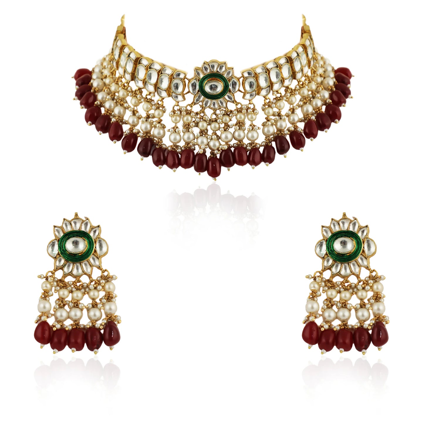 Red Beads With Green Meenakari White Jadtar Stone Choker Set