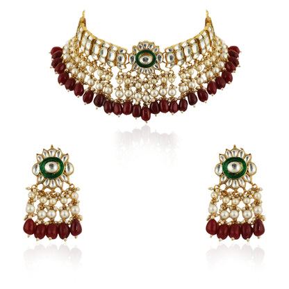Red Beads With Green Meenakari White Jadtar Stone Choker Set
