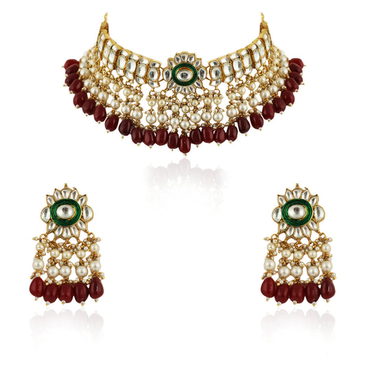 Red Beads With Green Meenakari White Jadtar Stone Choker Set